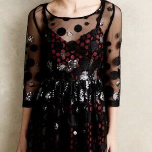 Plenty By Tracey Reese Black & Red Sequin Dot Estella Mesh Dress Open Back Size